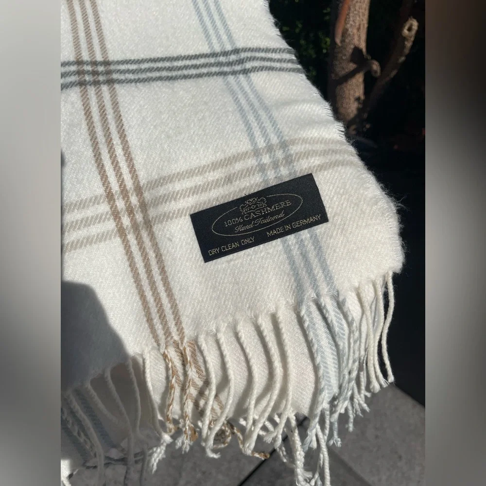 100% CASHMERE European Fringed Plaid Cream Scarf